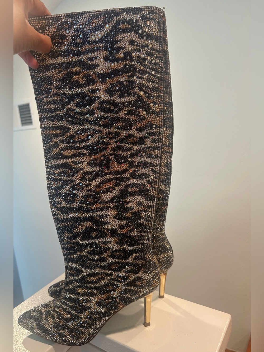 Betsey Johnson Black & Gold Leopard Crystal Over-the-Knee Stiletto Boots